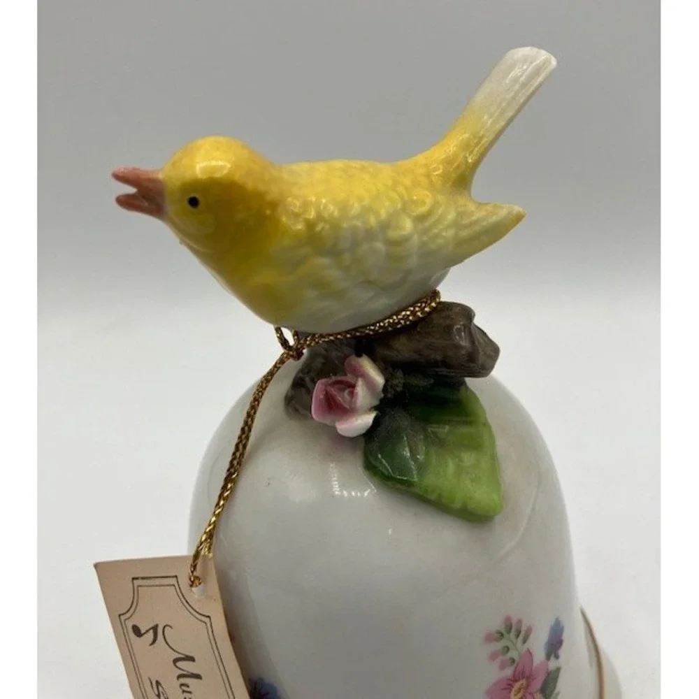 Music Box Porcelain Bell Yellow Bird Figurine‎ Floral Design Decor Made in Japan